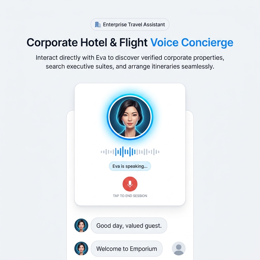 AI-Powered Voice Concierge interface featuring Eva responsive AI avatar and voice session control