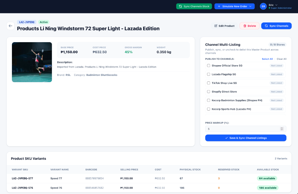 Omnichannel E-Commerce ERP product management screen displaying channel multi-listing controls, price markups, and SKU variant inventory allocations