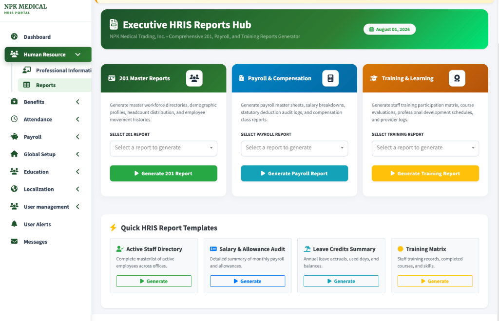 Executive HRIS Reports Hub showing 201 Master Reports, Payroll & Compensation, and Training & Learning generators